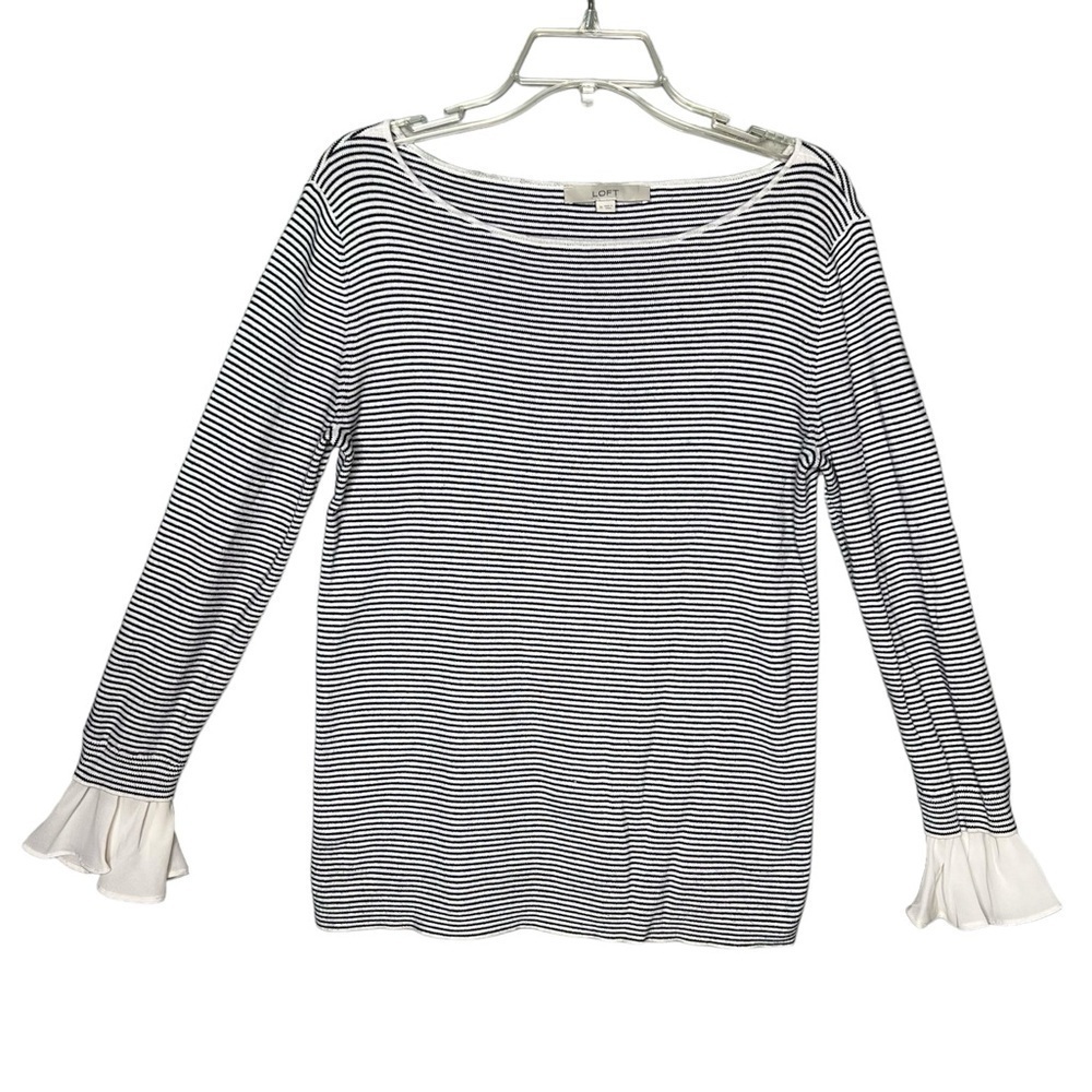Loft Striped Ruffle Wide Neck Pullover Sweater